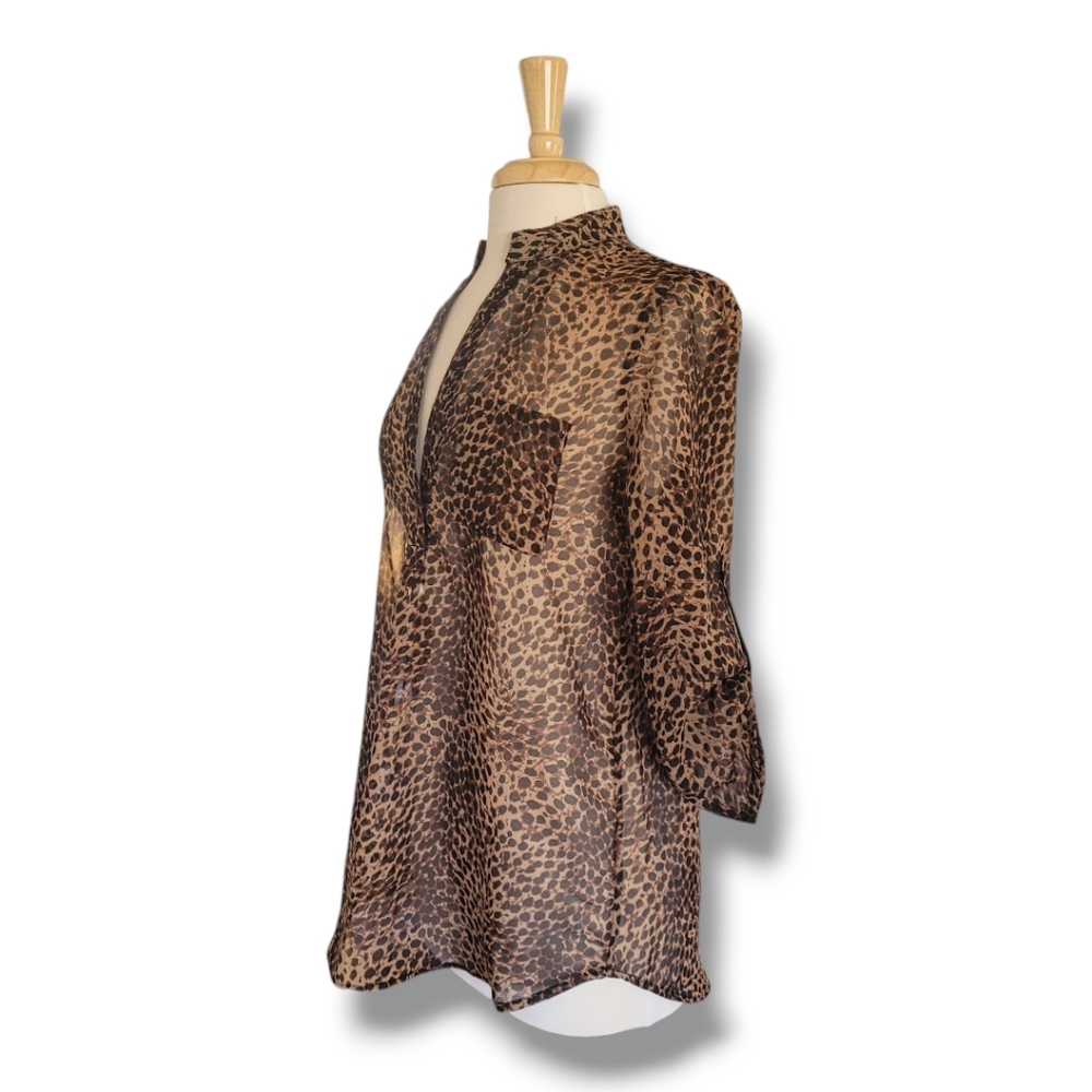 Sheer Animal Print V-Neck Blouse with Mandarin Collar. By Mix & Co. Size Medium - Picture 7 of 9